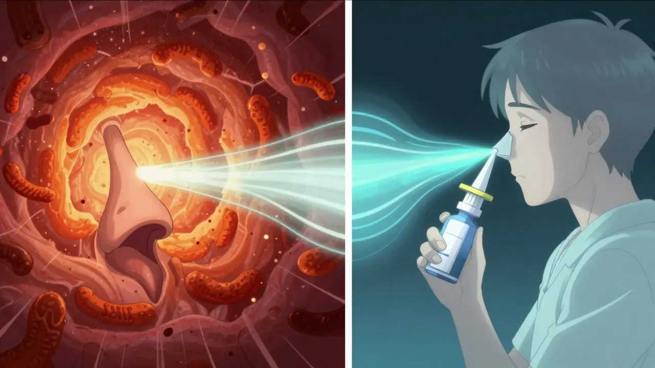 Inside the nose: chaotic allergy inflammation vs. calm, controlled state after steroid spray.
