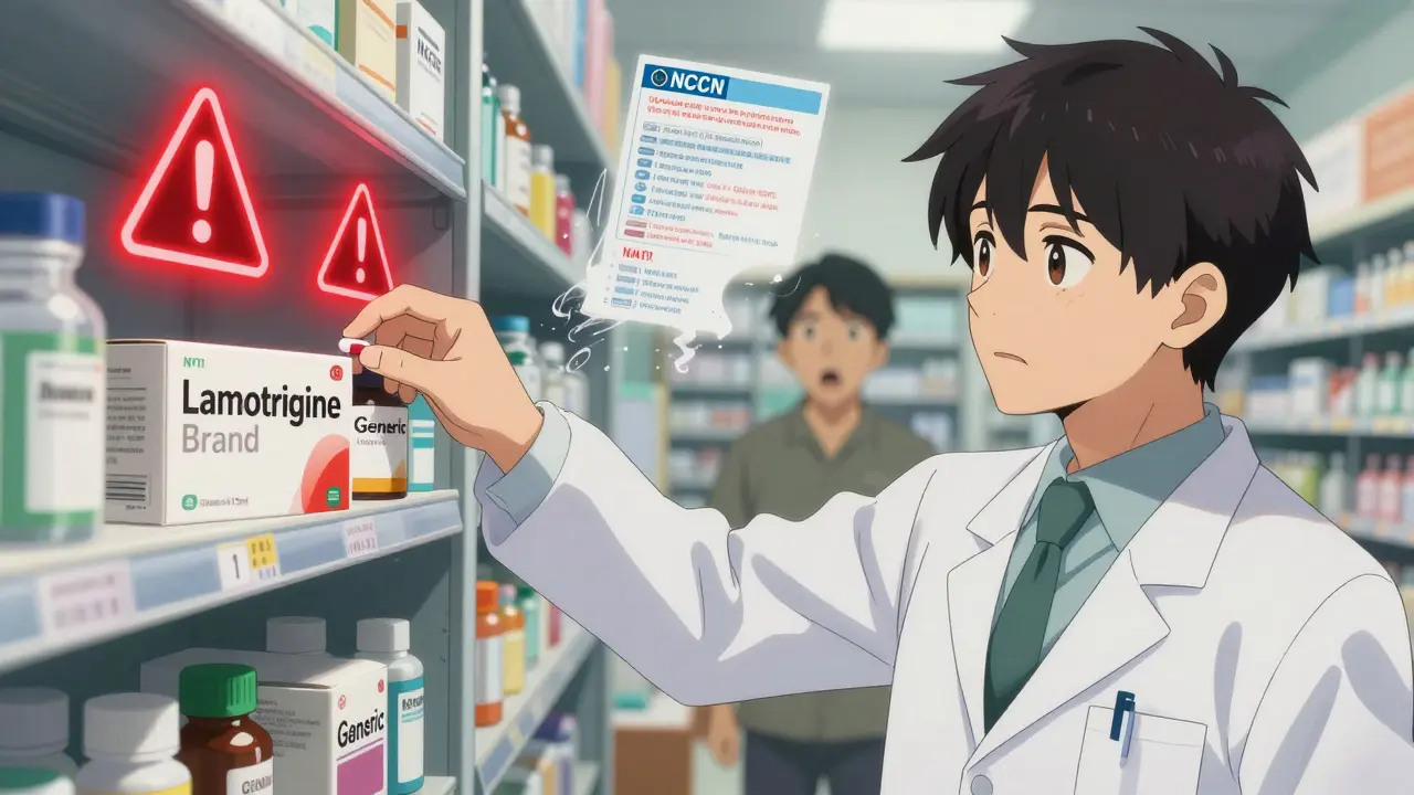 Pharmacist choosing between generic and brand pills with NTI warning symbols glowing in background.