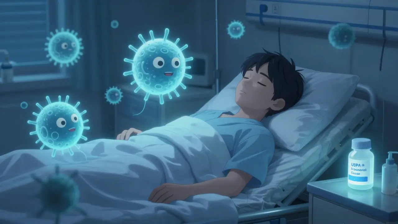 Protective probiotic microbes shielding a sleeping patient from harmful bacteria in a hospital room.