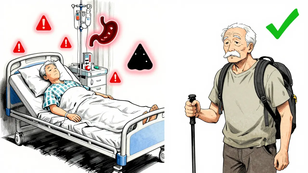 Split scene: hospitalized high-risk patient vs. healthy low-risk patient with steroid use.