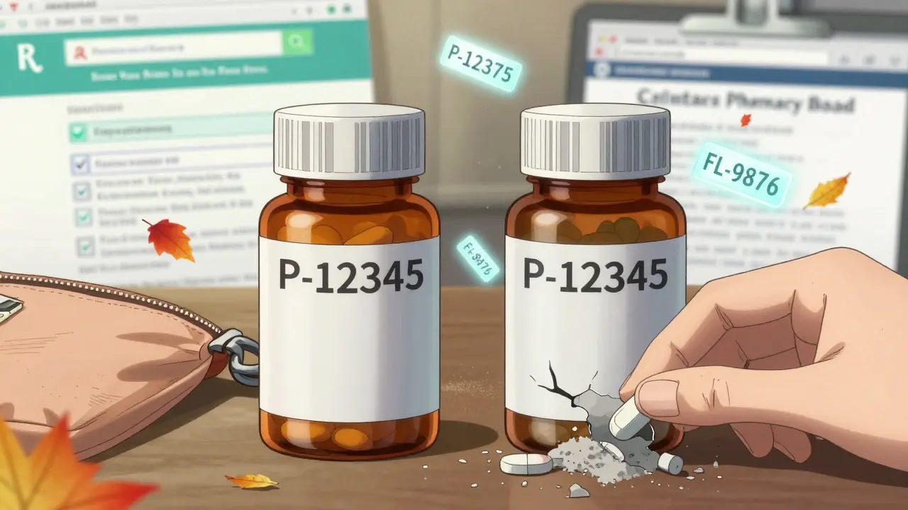 Two pill bottles side by side: one legitimate with a pharmacist's hand, the other leaking dangerous powder.