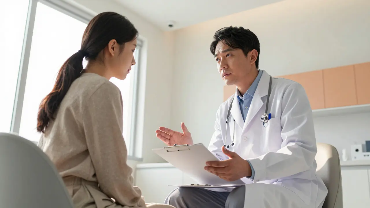 A patient and doctor having a detailed discussion about medication risks in a modern office.