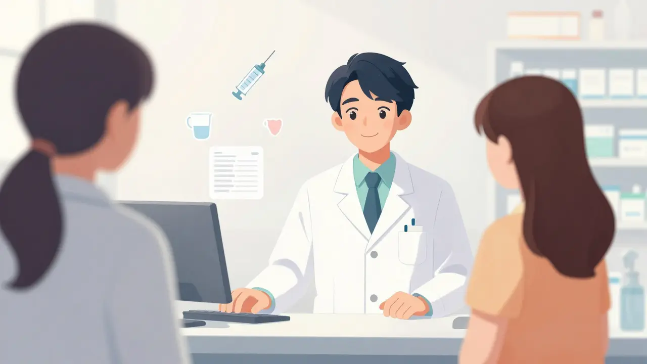 A pharmacist providing expert guidance to a customer in a minimalist anime setting.