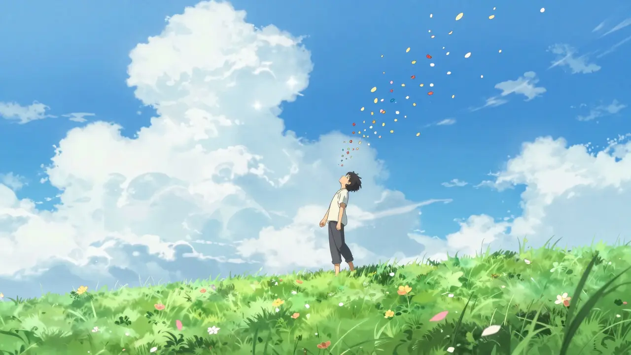 Anime character standing in a bright meadow, letting go of medication pills.