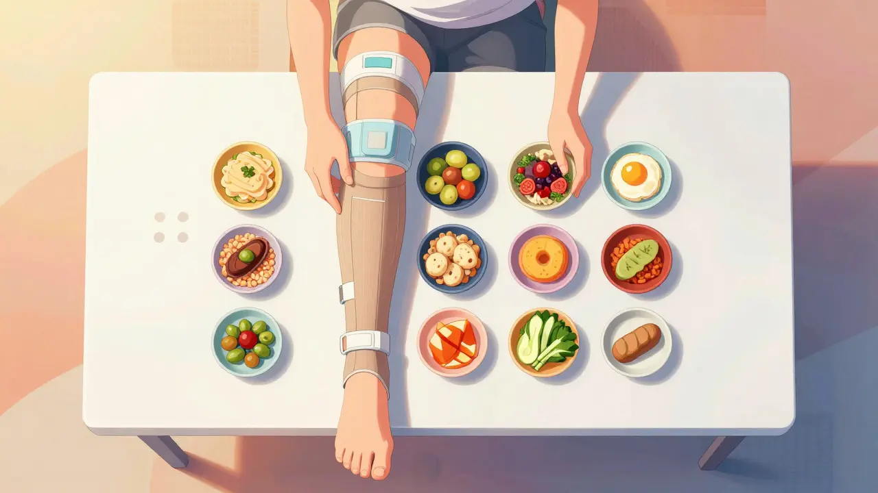Anime person using compression stockings and eating small, frequent meals.