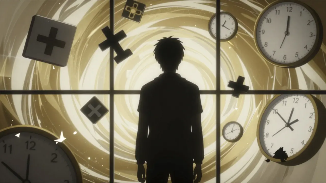 Anime scene showing a silhouette and abstract clocks representing a two-week medical washout period.