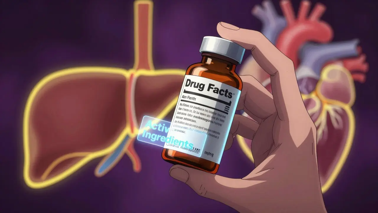Close-up of a medicine bottle with glowing labels and anatomical warnings in anime style.