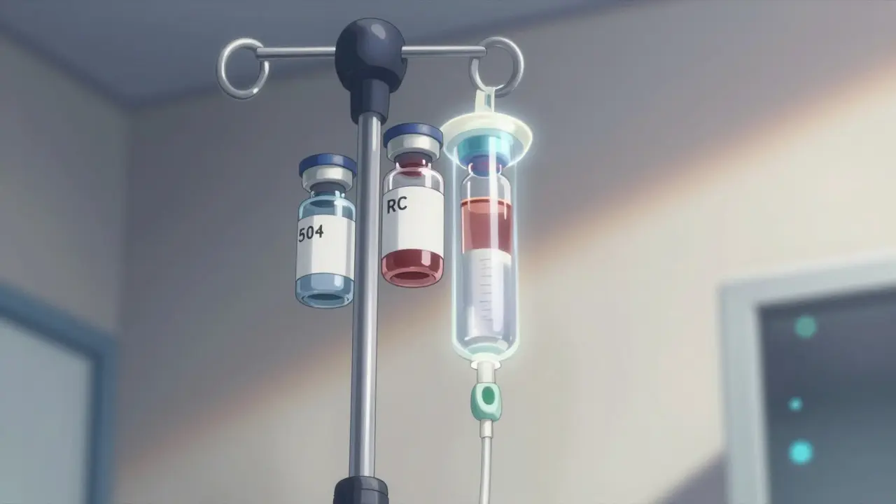 Close-up of an IV drip and medication vials in a stylized clinical setting
