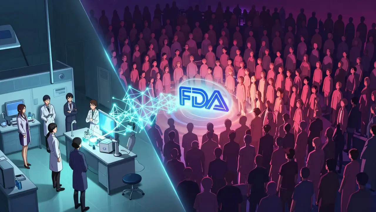 Conceptual illustration showing the scale difference between a clinical trial and millions of real-world users.