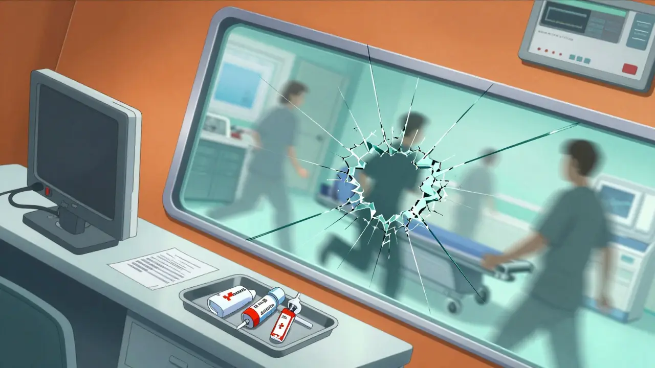 Dramatic anime scene of a clinical emergency room with a cracking glass metaphor