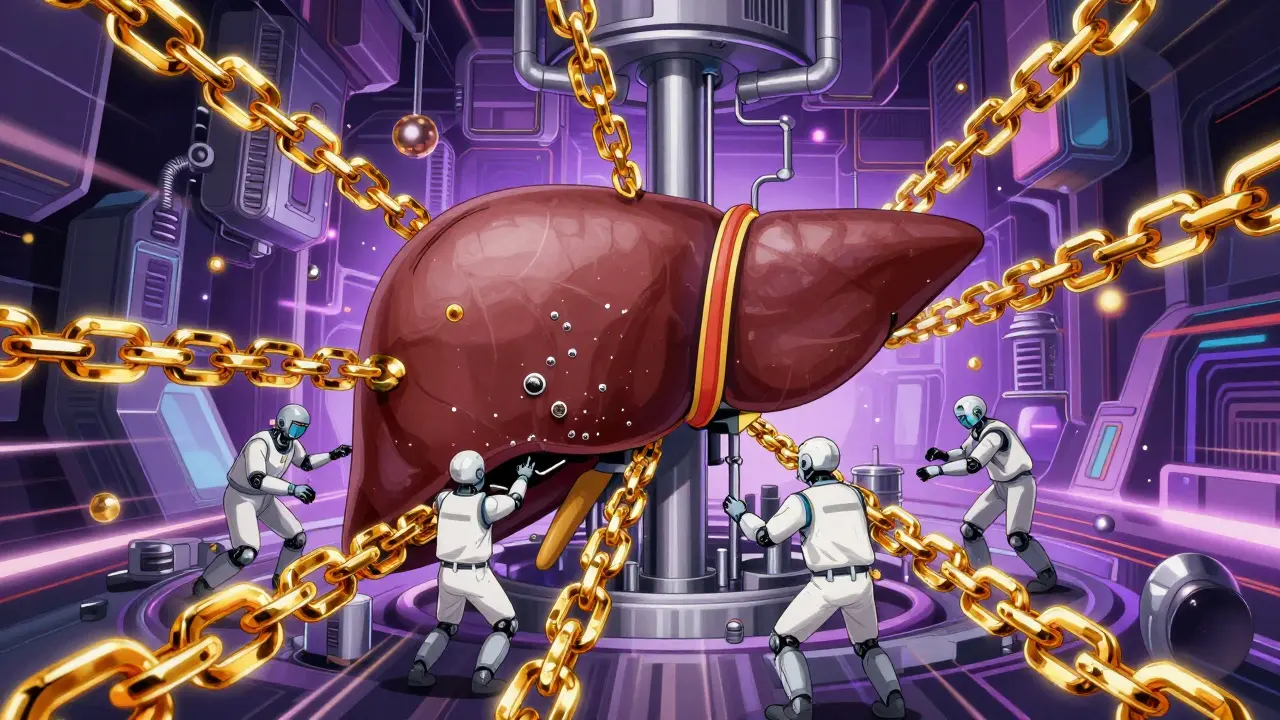 Futuristic anime depiction of liver enzymes as frozen robots locked by golden chains.