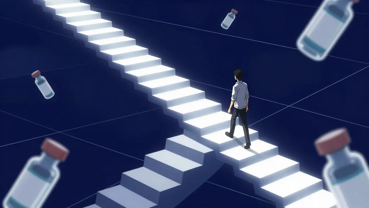 Stylized anime character climbing geometric stairs representing incremental drug doses