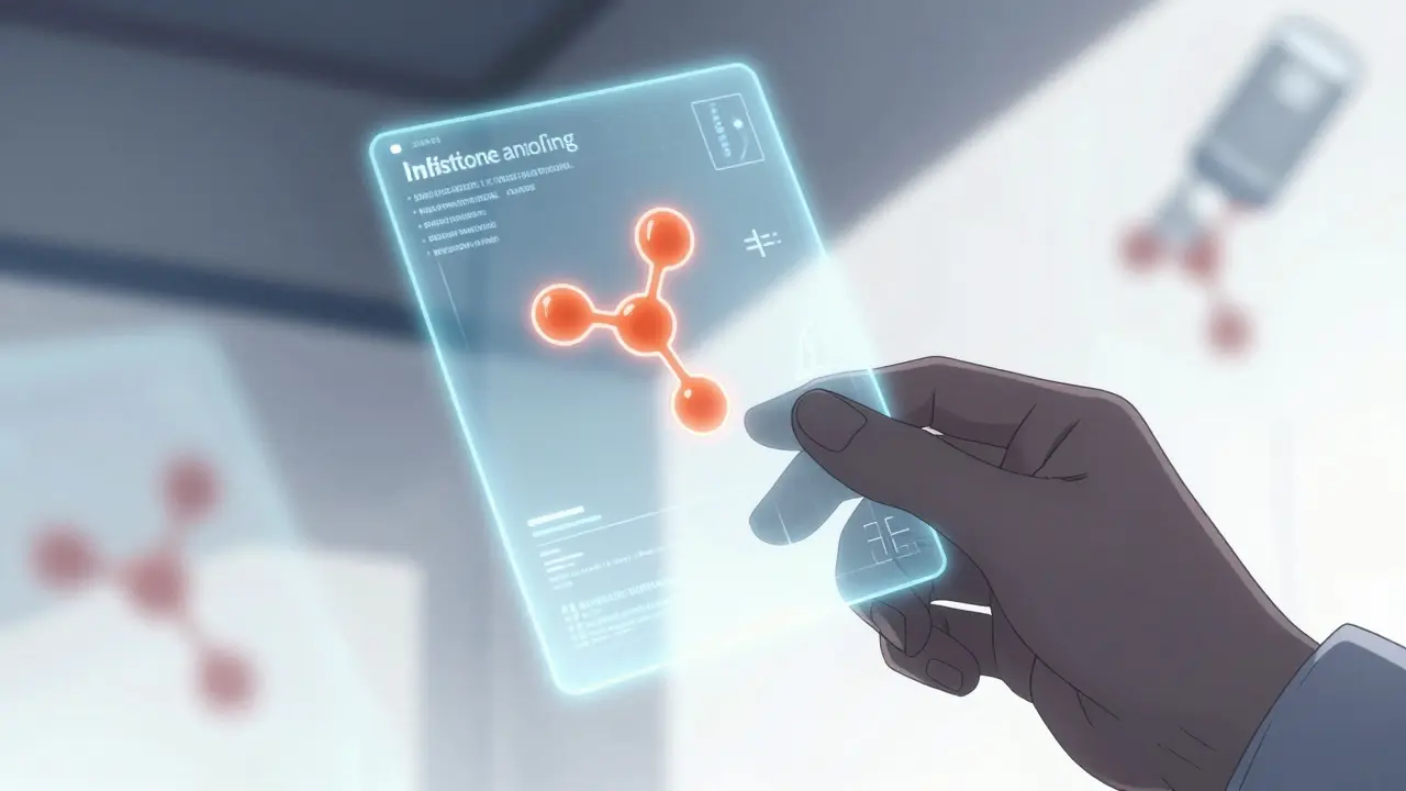 Stylized anime depiction of a holographic blood test showing antibody markers.
